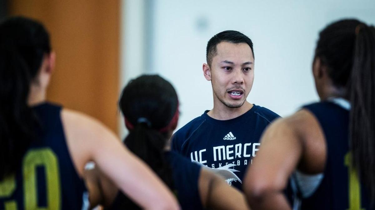 University of California, Merced women’s basketball head coach Kevin Pham, speaks to his players during practice at UC Merced in Merced, Calif., Wednesday, Feb. 25, 2015. The Bobcats will play Menlo College in the California Pacific Conference Semi Finals in Vallejo, on March 1.
